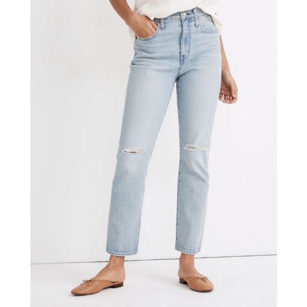 Madewell Light Wash High-Rise Straight Jeans with Knee Rips